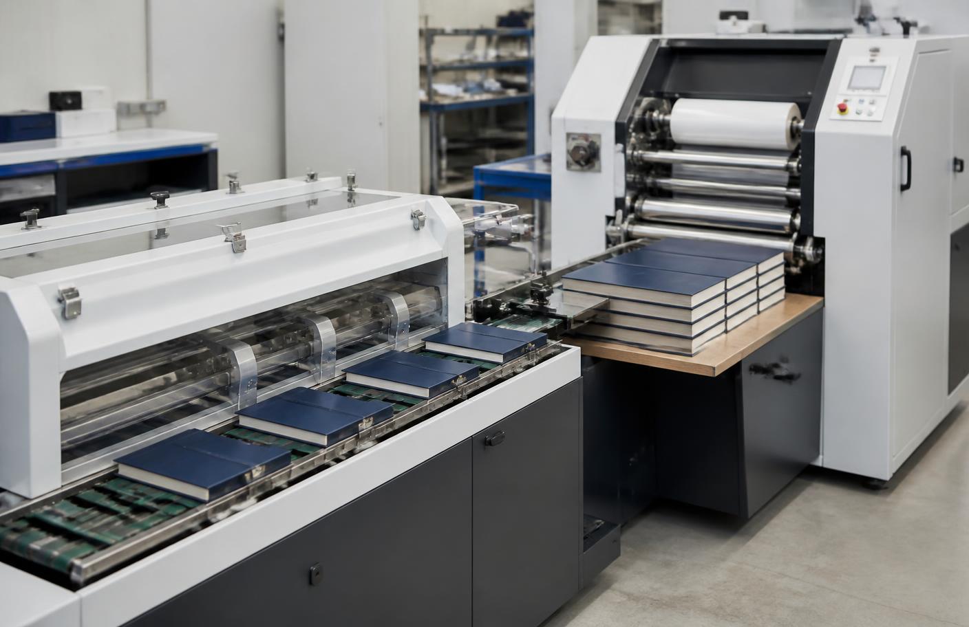 Clean modern book production facility with digital presses